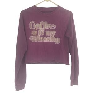 Coffee is my Blessing Graphic Cropped Long Sleeve T Shirt Small Purple